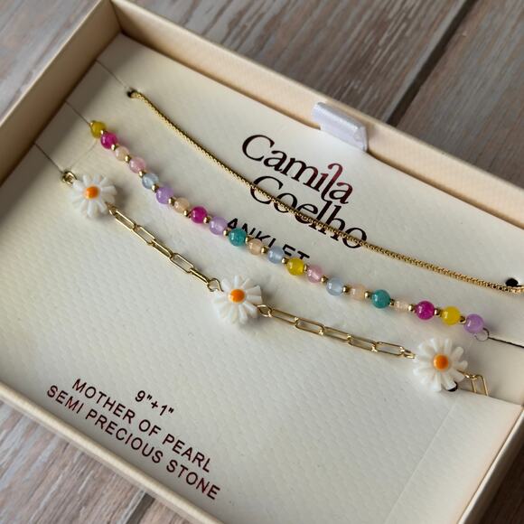 Camila Coelho 3-Piece Anklet Set Daisy Gold Chain Beaded Multicolor NIB - Picture 2 of 3